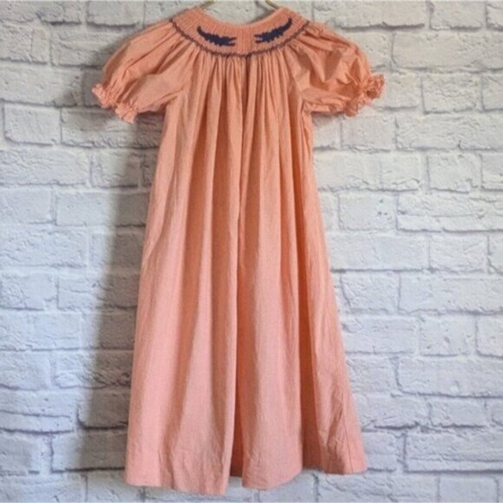 Silly Goose Hand Smocked Childs Dress 6X Orange White Gingham Blue Alligators